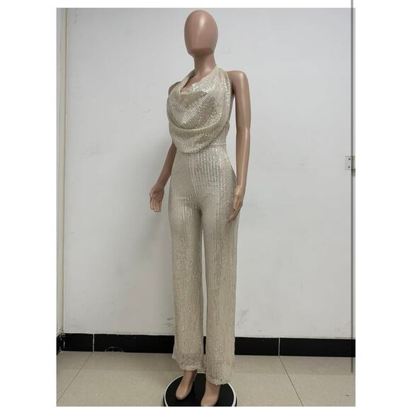 Curvy Plus XXL Gold Sexy Halter Cowl Neck Sparkly Jumpsuits Sleeveless Sequin - Picture 5 of 5